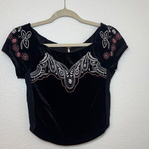 Free People Black Velvet Embroidered Scoop Neck Top